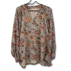 Philosophy Tunic Blouse Long Sleeve Brown Pink Floral Sheer V-Neck Woman’s 1X
